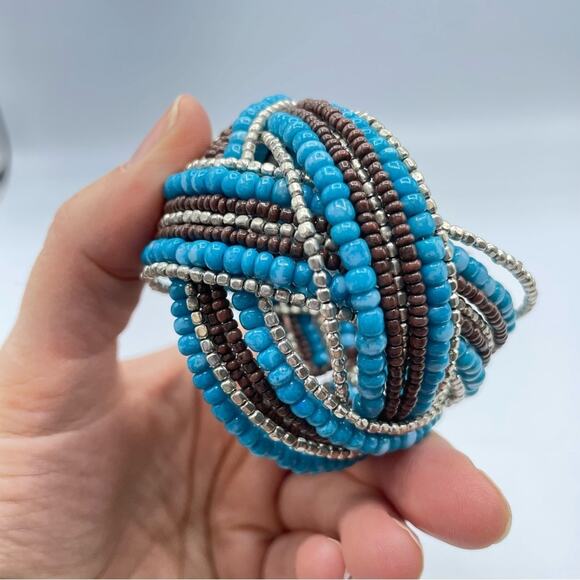 Teal & Brown Beaded Stretch Bracelet Cuff Twisted Boho - Picture 5 of 6